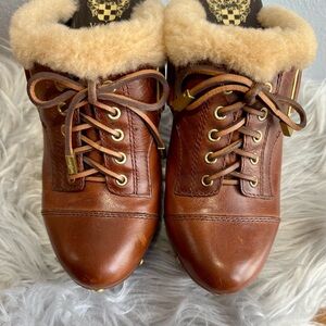 New Vince Camuto Brown Leather Mules with Gold Accents